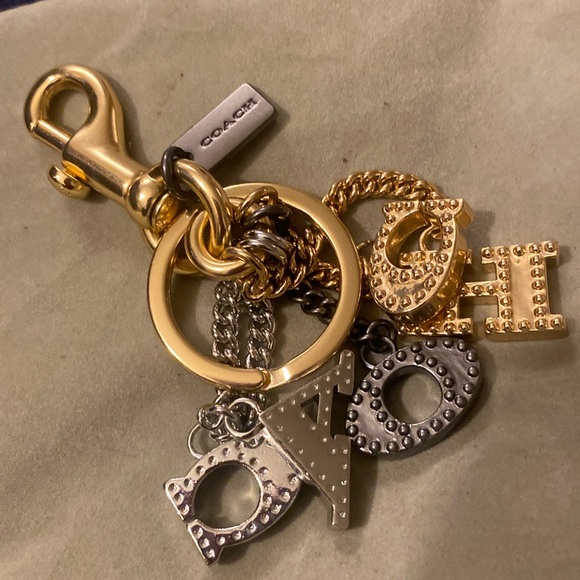 COACH Gold Silver Tone Sparkle Monogram Bag Charm Keychain - Picture 2 of 5